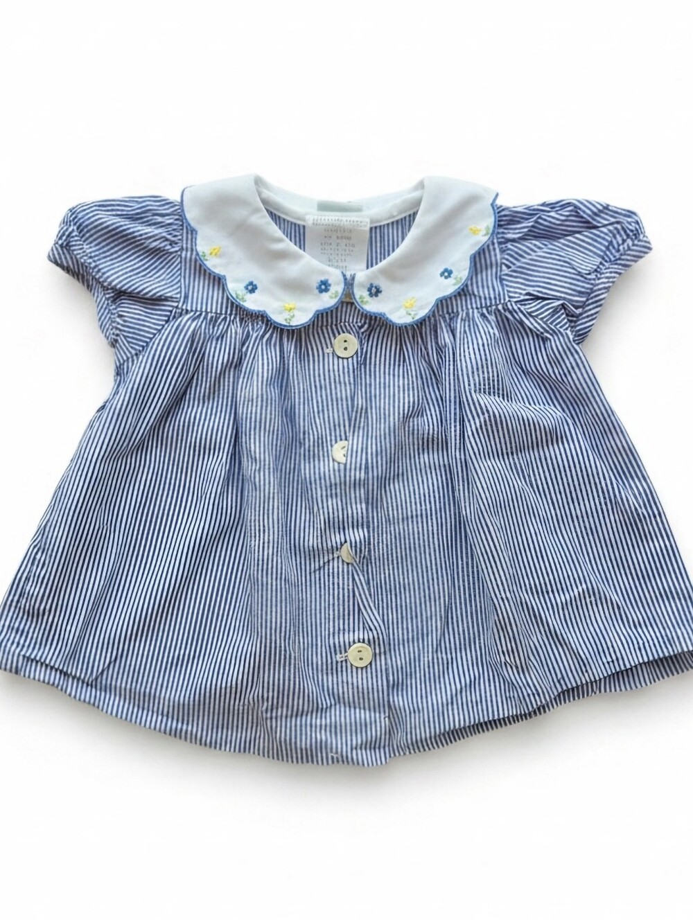 Vintage Peaches 'n Cream Baby Blue Seersucker Embroidered Southern Heirloom 0-3M